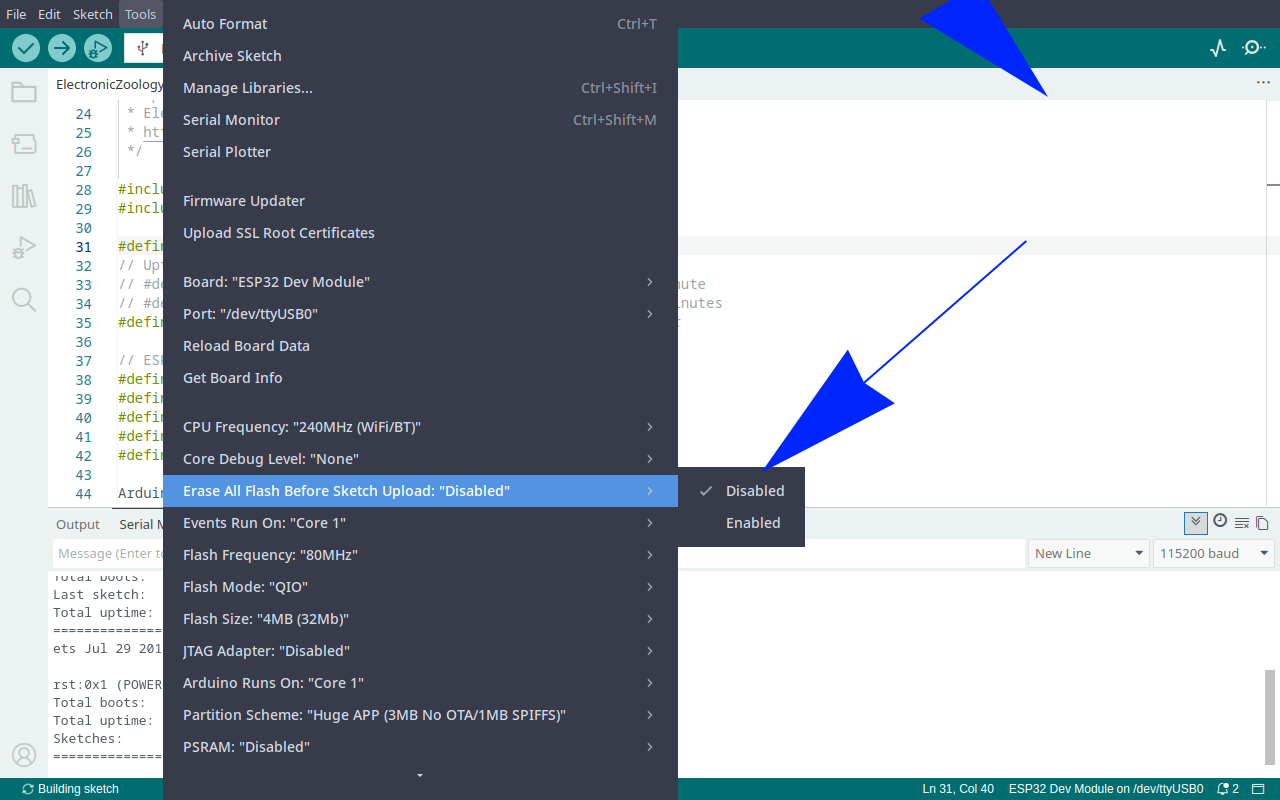 Arduino IDE Tools menu showing Erase All Flash Before Sketch Upload set to Disabled