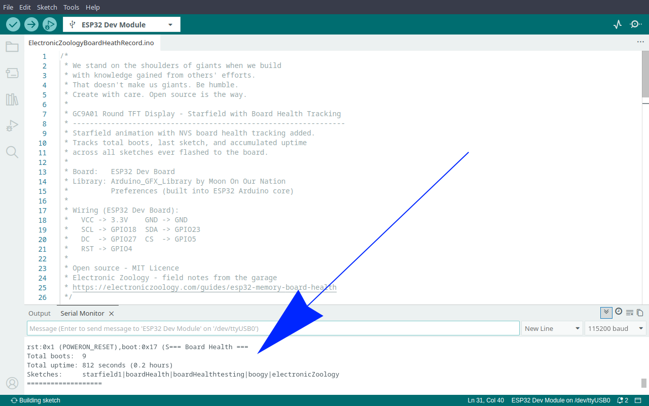 Arduino IDE serial monitor showing board health output with total boots, uptime and sketch list