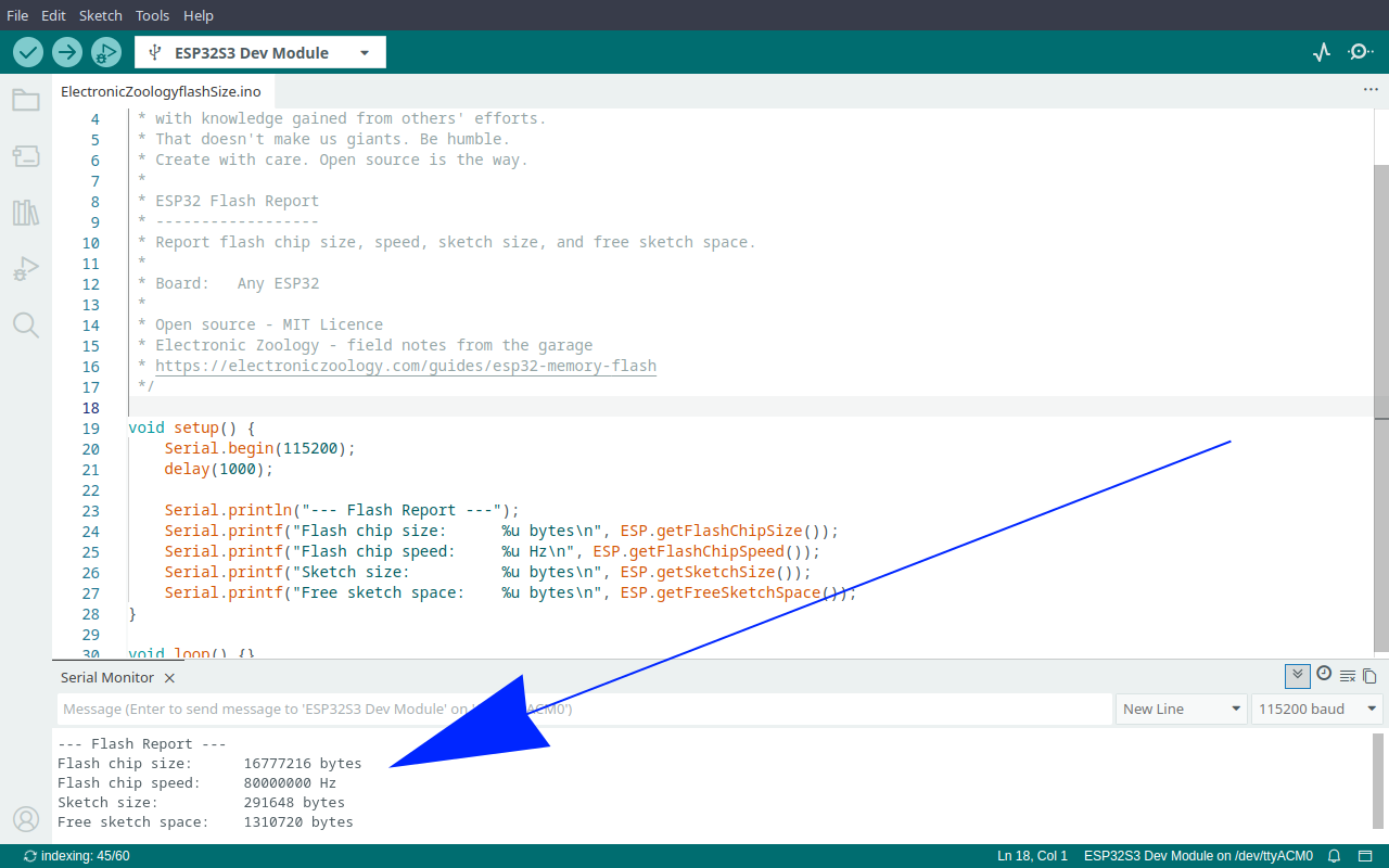 Arduino IDE serial monitor showing flash report output - chip size, speed, sketch size, and free sketch space