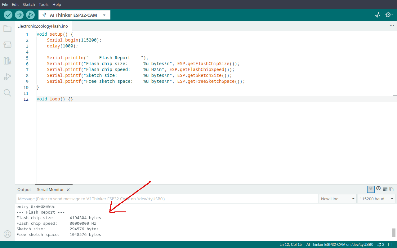 Serial monitor showing 1048576 bytes free sketch space with Max SPIFFS partition