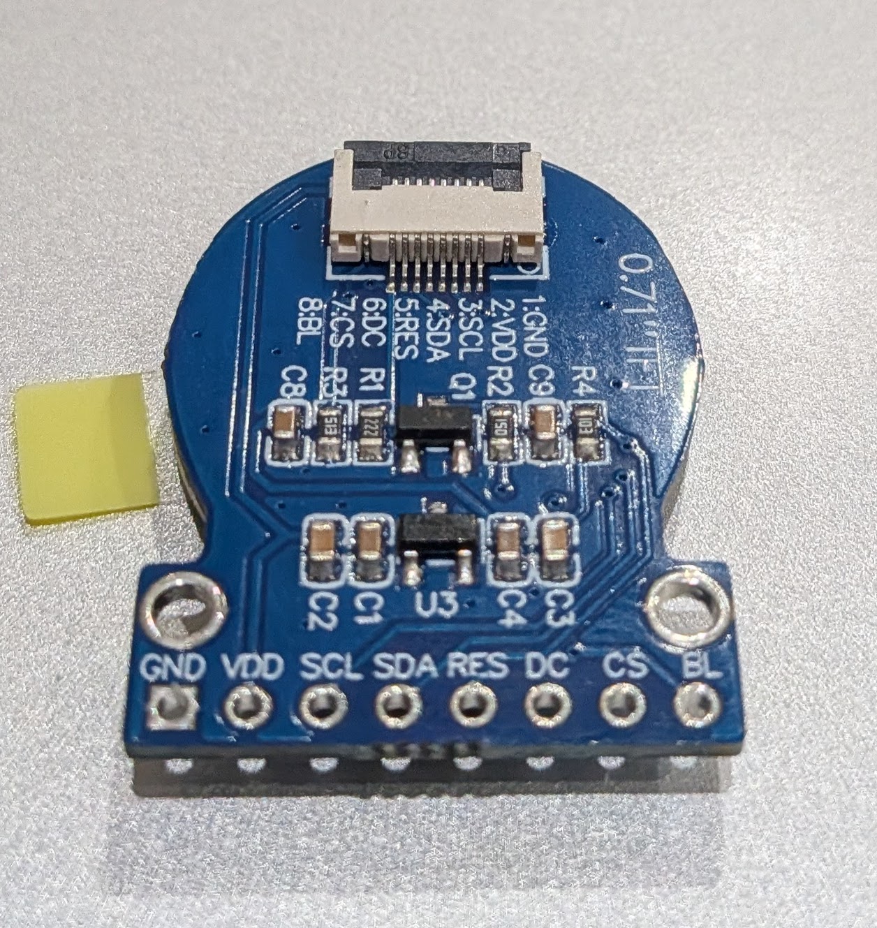 GC9D01 160x160 round TFT module showing pin labels GND VDD SCL SDA RES DC CS BL