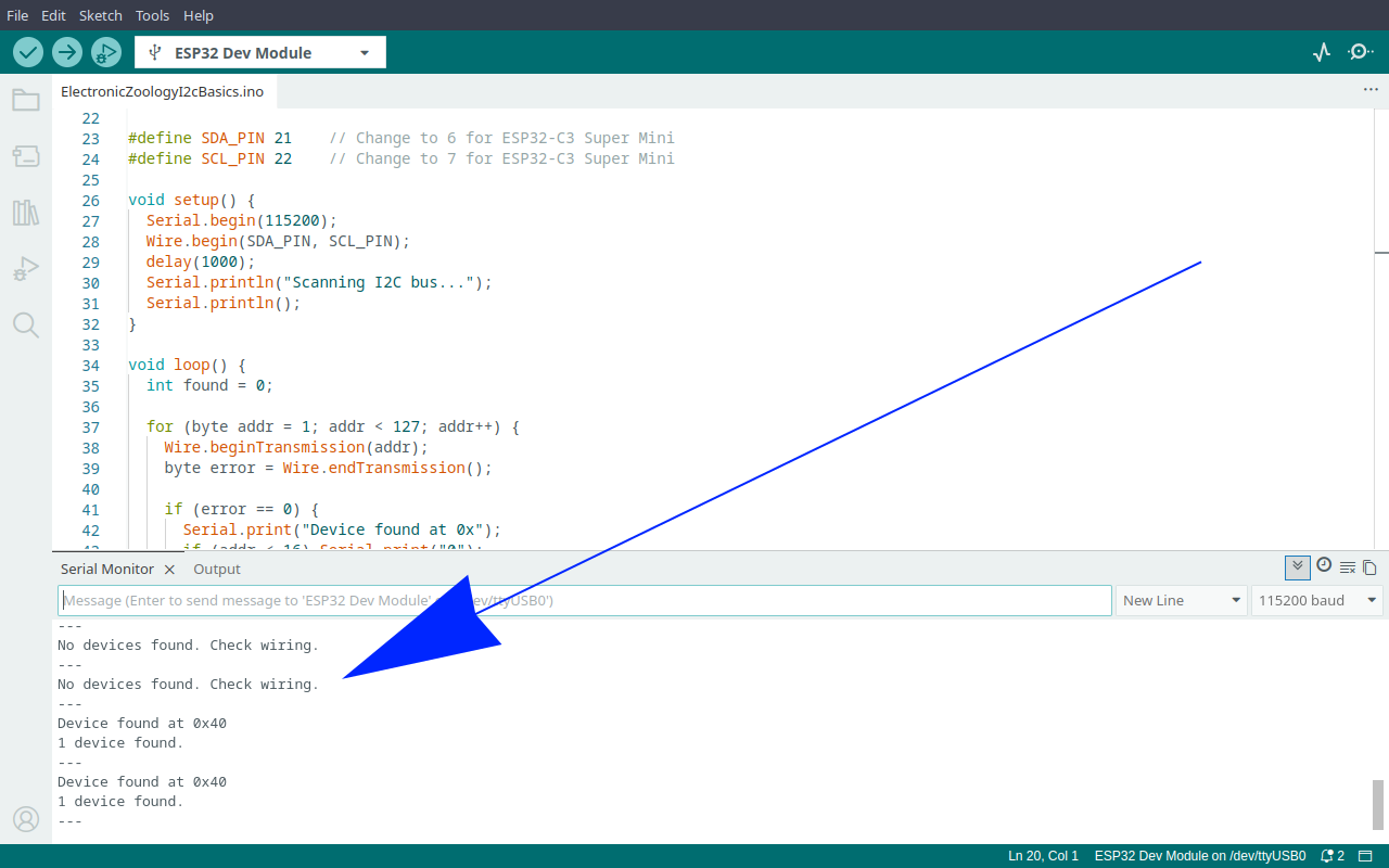 Arduino IDE serial monitor showing No devices found then Device found at 0x40 for an INA219 after fixing swapped SDA SCL wires