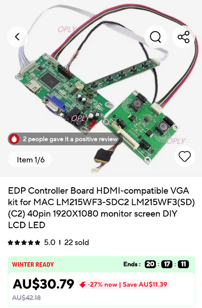 AliExpress listing for EDP Controller Board HDMI VGA kit for LM215WF3-SDC2, AU$30.79