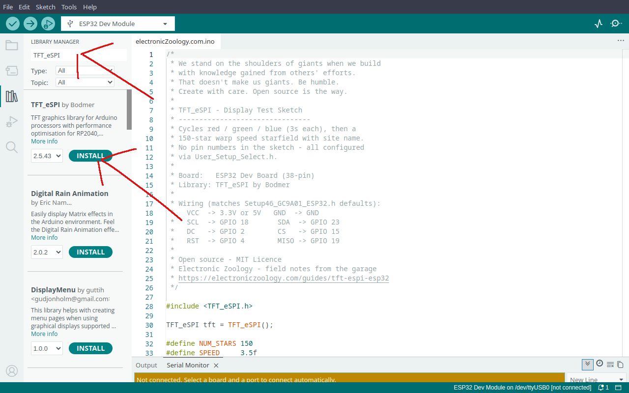 Library Manager showing TFT_eSPI by Bodmer with Install button