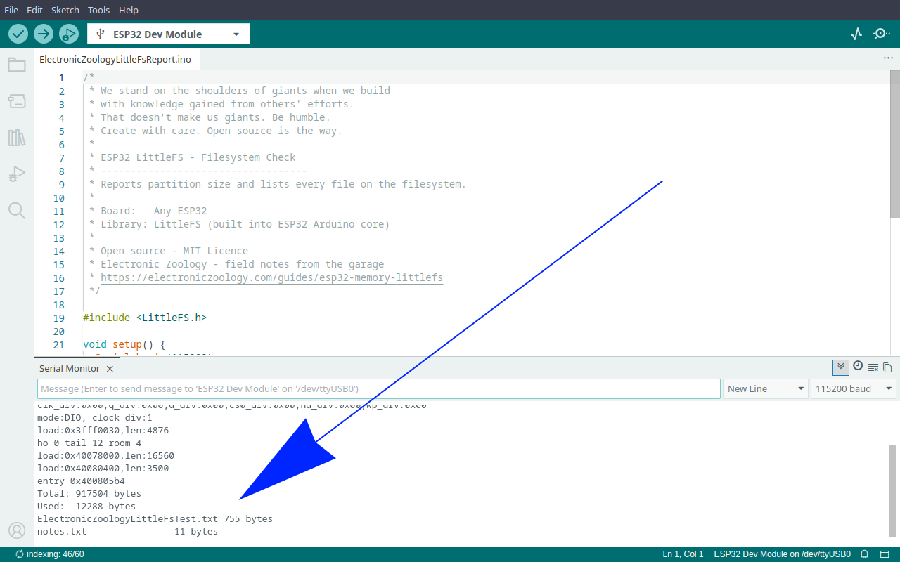 Serial Monitor showing LittleFS partition size and file listing