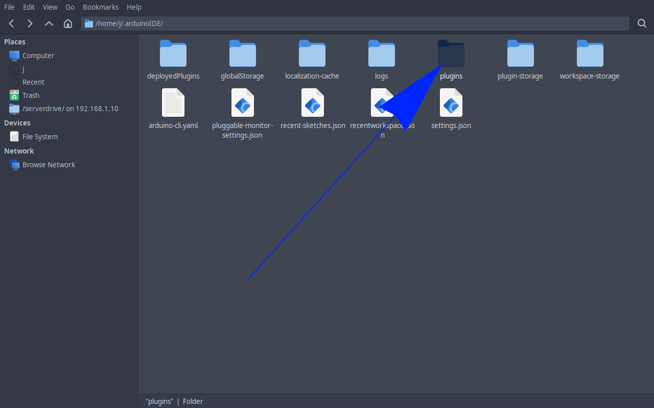 .arduinoIDE folder contents showing the plugins folder