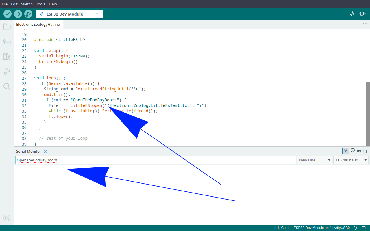 Arduino IDE showing the serial command typed into the Serial Monitor input