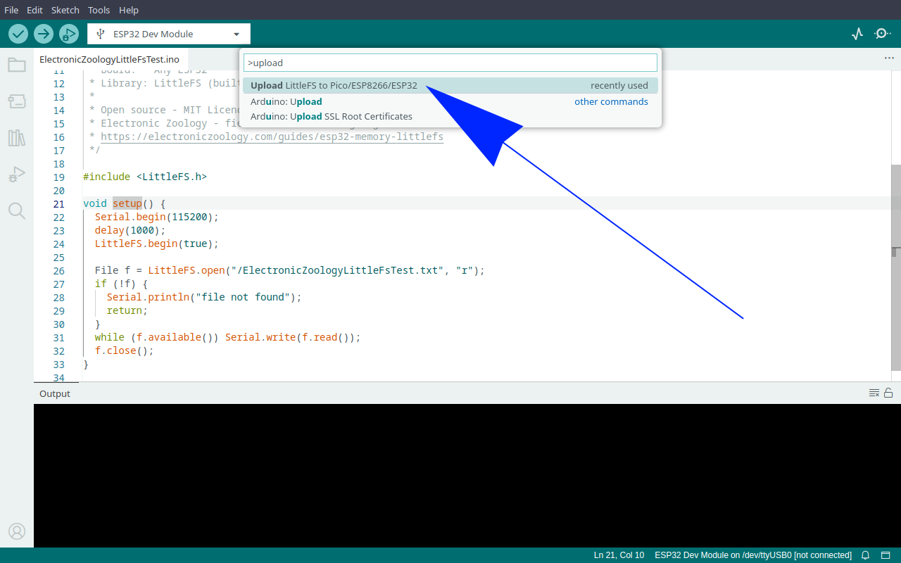 Arduino IDE command palette showing the Upload LittleFS command