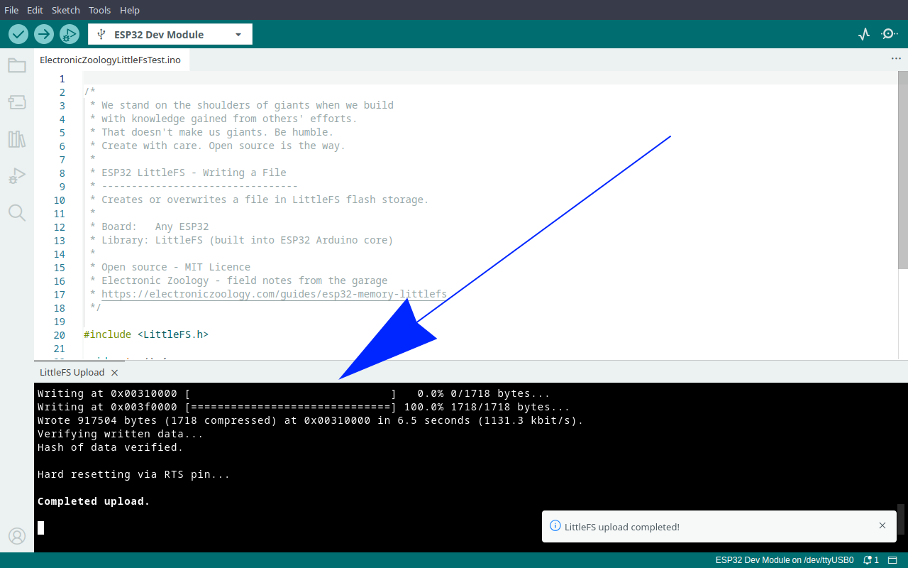 Arduino IDE console showing LittleFS upload complete