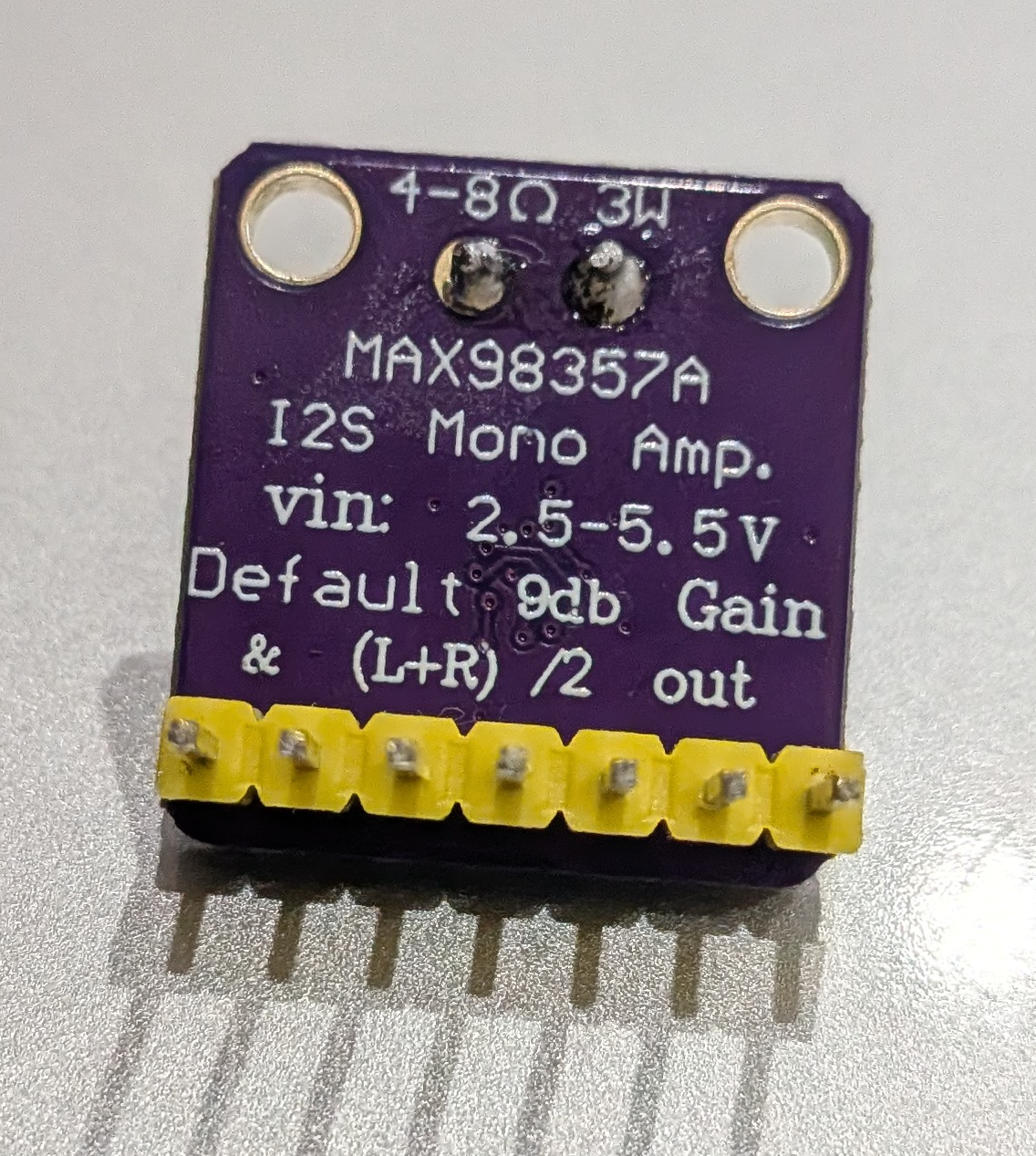 MAX98357A module back showing specs - 4-8Ω 3W, 9dB default gain