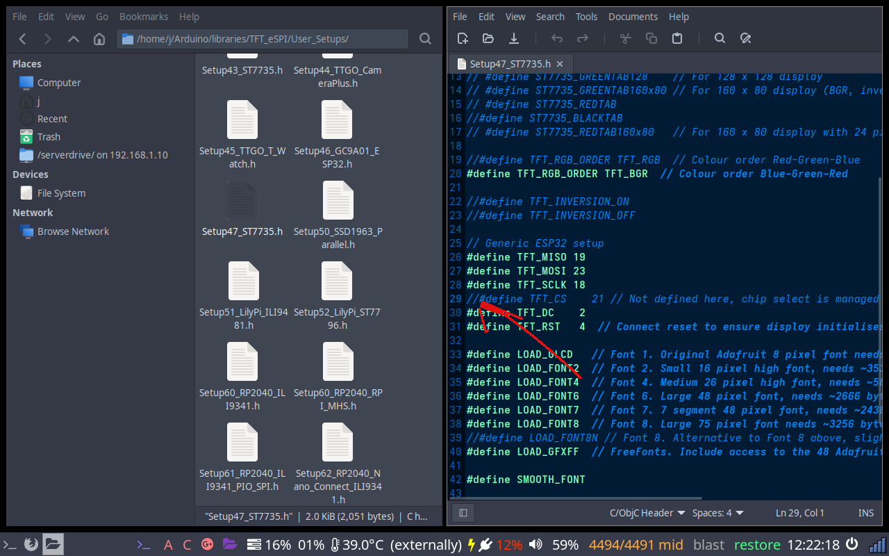 Setup47 - uncomment the TFT_CS line