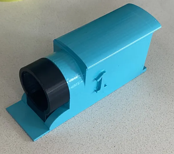 3D printed Thomas the Tank Engine shell in teal PLA with round cutout for GC9A01 display